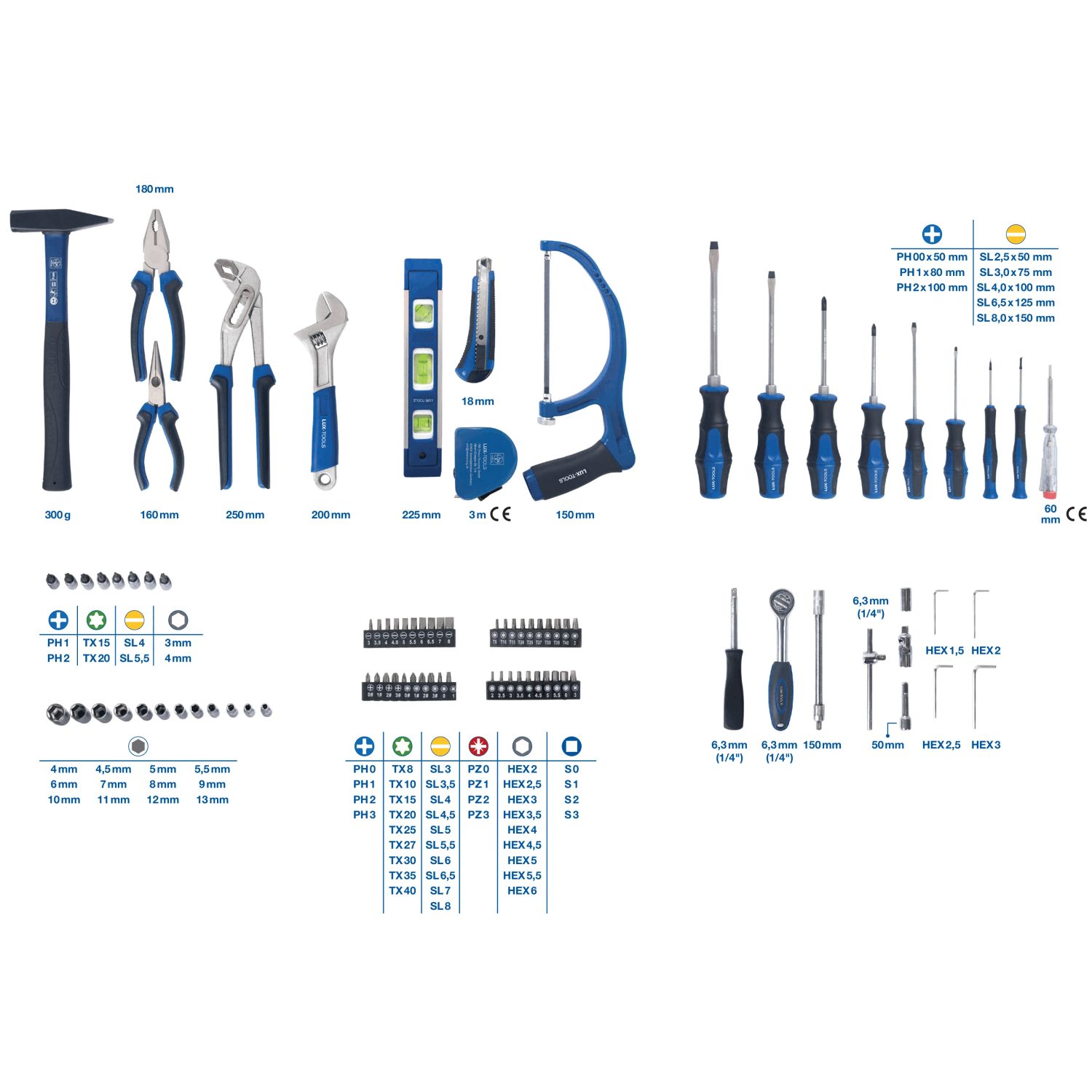 LUX-TOOLS 89dílný kufr na nářadí s kladivem, kleštěmi, šroubováky, ráčnou a bity modro-černý pro domácnost. LUX-TOOLS 89dílný kufr na nářadí s kladivem, kleštěmi, šroubováky, ráčnou a bity modro-černý pro domácnost.