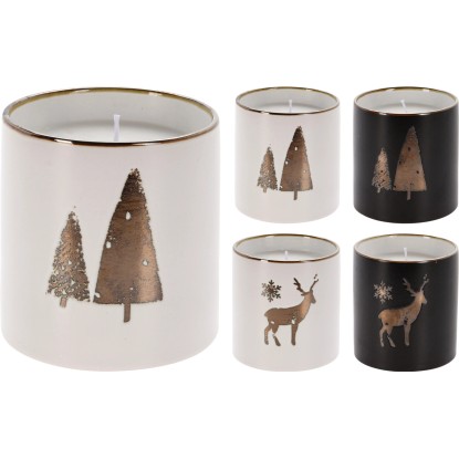 Svíčka v kamenném hrnku s vánočním stromečkem nebo sobem, černá/bílá Svíčka v kamenném hrnku s vánočním stromečkem nebo sobem, černá/bílá