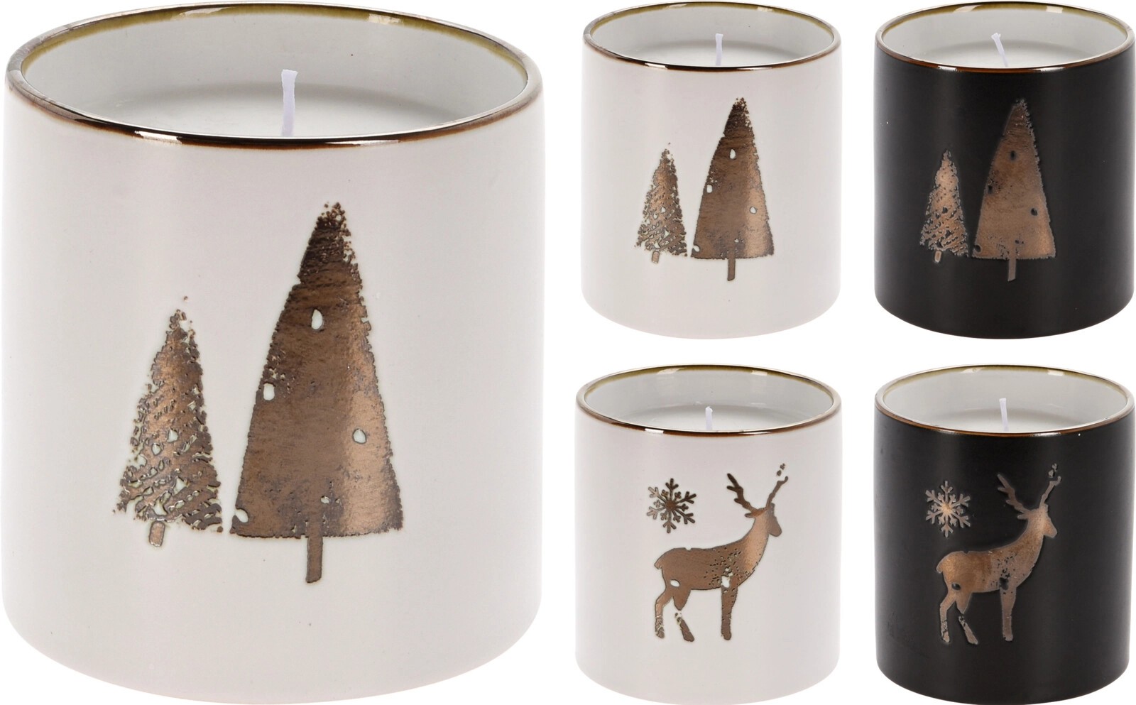 Svíčka v kamenném hrnku s vánočním stromečkem nebo sobem, černá/bílá Svíčka v kamenném hrnku s vánočním stromečkem nebo sobem, černá/bílá