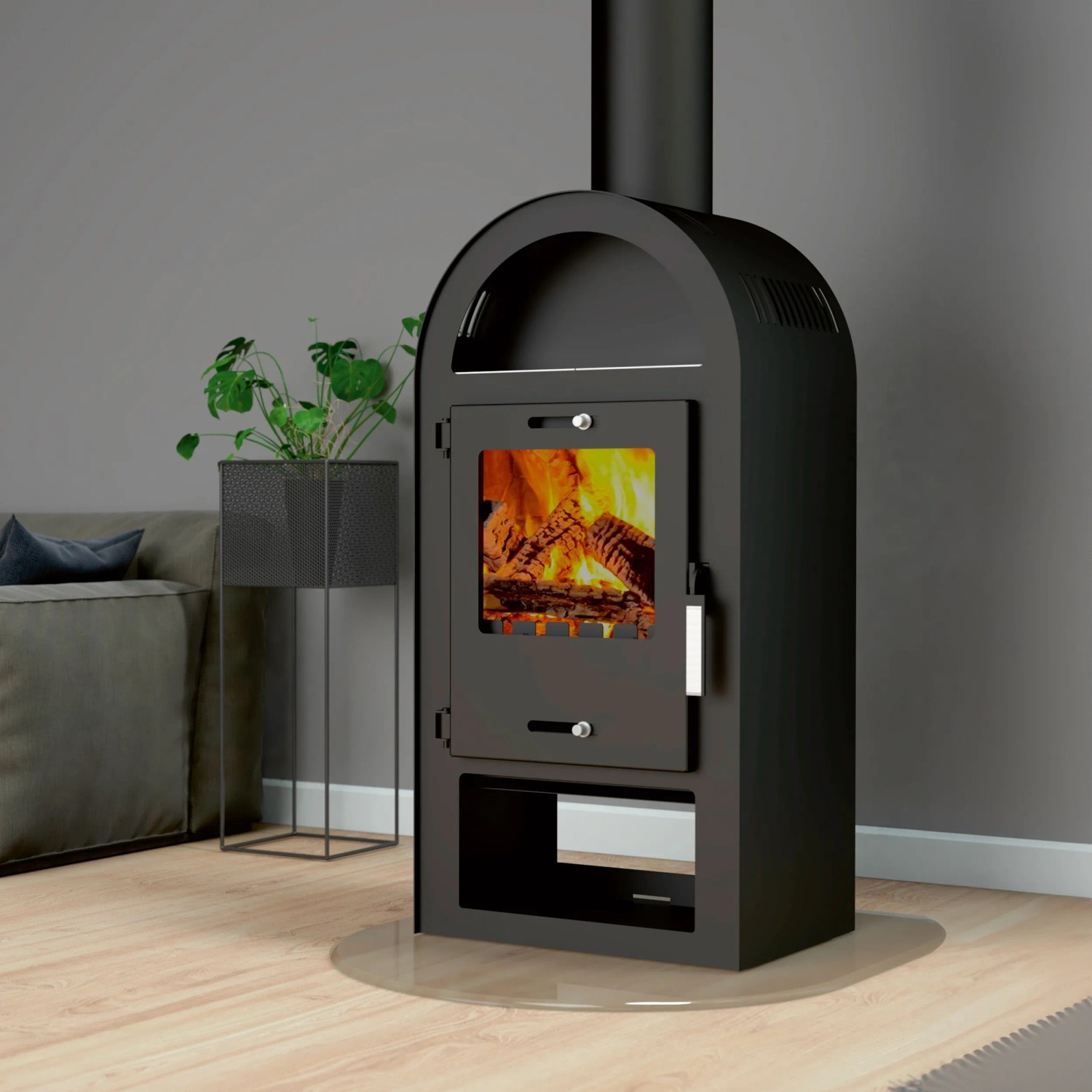 Černá kamna Magna 3.0, 7 kW, ocel, s proskleným okénkem a hořícím dřevem. Černá kamna Magna 3.0, 7 kW, ocel, s proskleným okénkem a hořícím dřevem.
