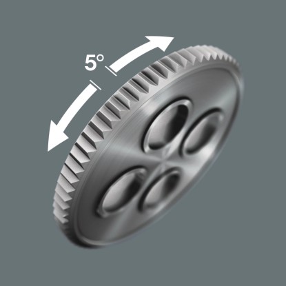 Detail hlavy ráčny Wera Zyklop s úhlem zpětného záběru 5°. Detail hlavy ráčny Wera Zyklop s úhlem zpětného záběru 5°.