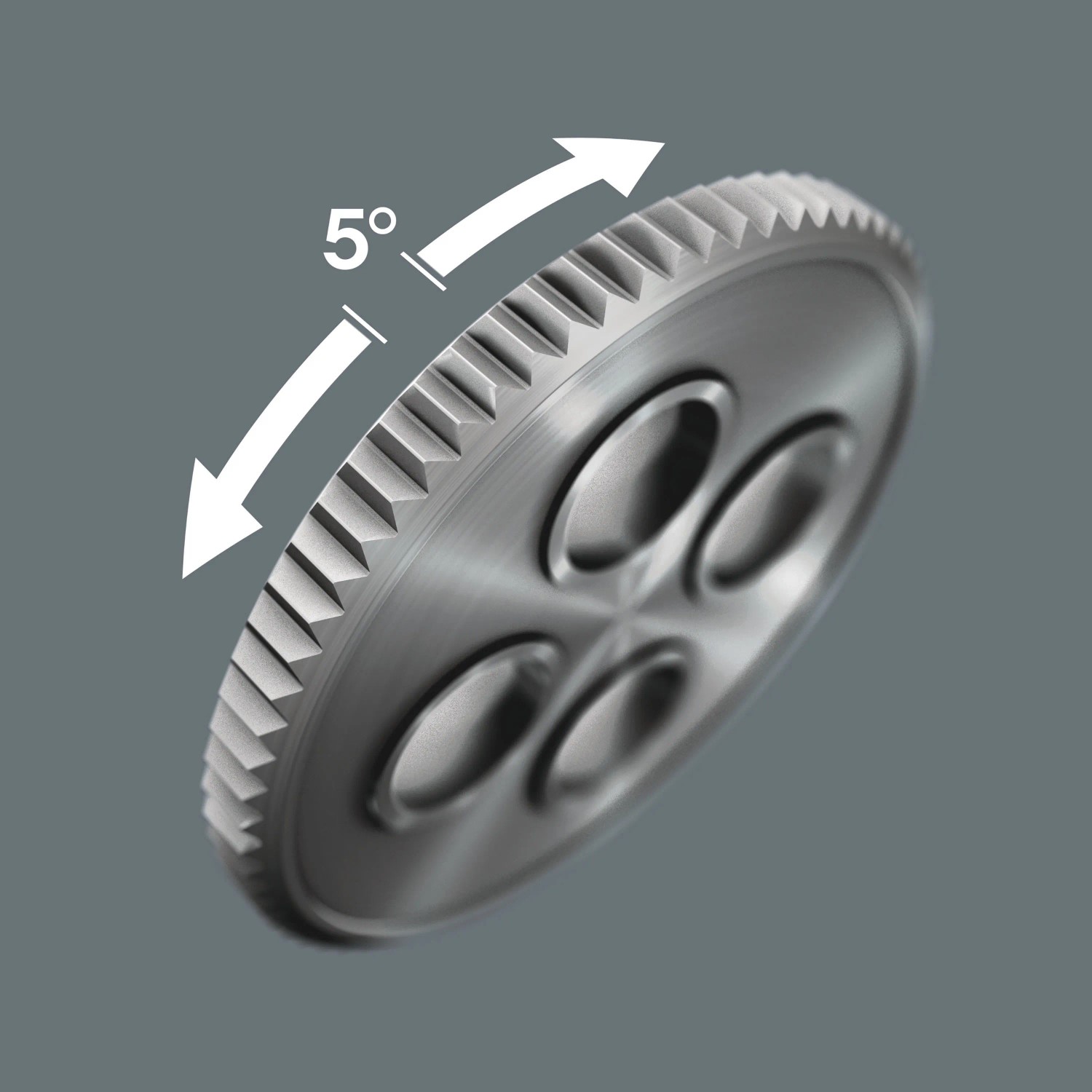 Detail hlavy ráčny Wera Zyklop s úhlem zpětného záběru 5°. Detail hlavy ráčny Wera Zyklop s úhlem zpětného záběru 5°.