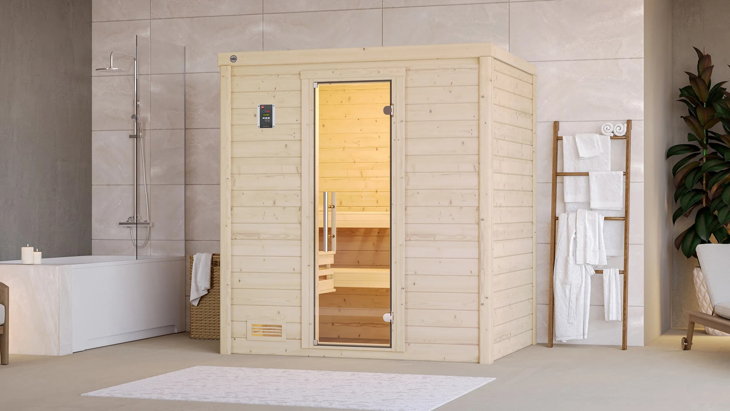 Weka Sauna z masivu Bergen skleněné dveře 198 cm x 148 cm x 203 cm Weka Sauna z masivu Bergen skleněné dveře 198 cm x 148 cm x 203 cm