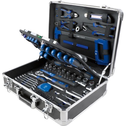 LUX-TOOLS kufr na nářadí 155 dílů, hliníkový, otevřený s nářadím z chrom-vanadiové oceli: ráčny, šroubováky, kleště. LUX-TOOLS kufr na nářadí 155 dílů, hliníkový, otevřený s nářadím z chrom-vanadiové oceli: ráčny, šroubováky, kleště.
