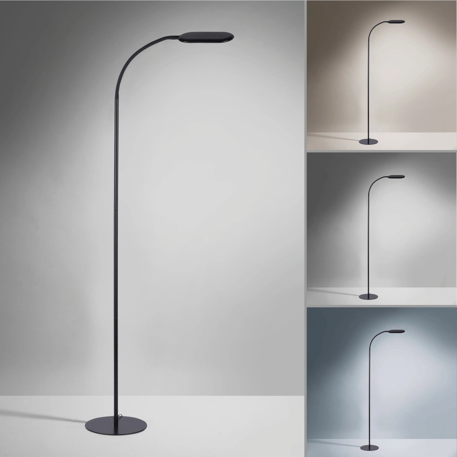 Černá LED stojací lampa Kelly, výška 175 cm, s dotykovým stmívačem a nastavitelnou barvou světla. Černá LED stojací lampa Kelly, výška 175 cm, s dotykovým stmívačem a nastavitelnou barvou světla.