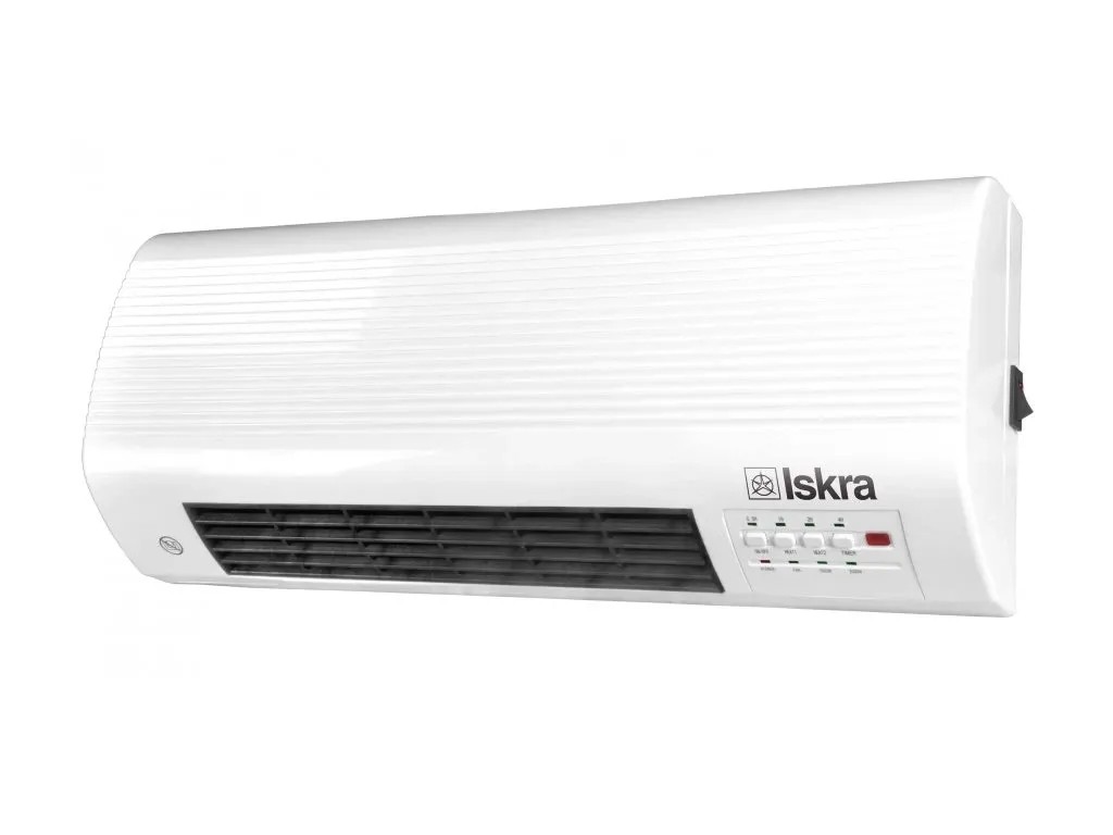 Bílý elektrický nástěnný ohřívač Iskra pro vnitřní použití. Bílý elektrický nástěnný ohřívač Iskra pro vnitřní použití.