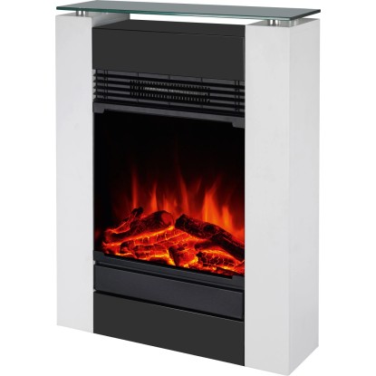 Moderní bílý elektrický krb Glasbury Fire s černým sklem, LED efektem plamene a vzhledem dřeva. Kompaktní. Moderní bílý elektrický krb Glasbury Fire s černým sklem, LED efektem plamene a vzhledem dřeva. Kompaktní.