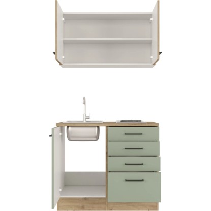 Flex-Well Cara Mini kuchyňka, 100 cm, rákosově zelená/dub artisan, s dřezem a varnou deskou. Flex-Well Cara Mini kuchyňka, 100 cm, rákosově zelená/dub artisan, s dřezem a varnou deskou.