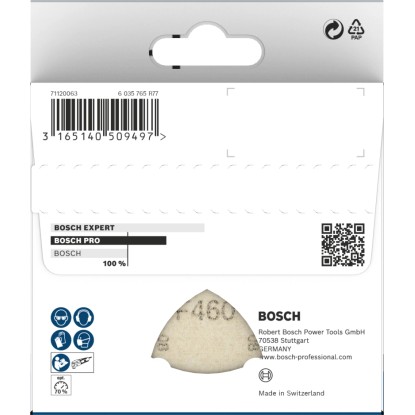 Sada 10 brusných listů Bosch Pro pro delta brusky. Trojúhelníkové brusivo na bílém obalu. Sada 10 brusných listů Bosch Pro pro delta brusky. Trojúhelníkové brusivo na bílém obalu.