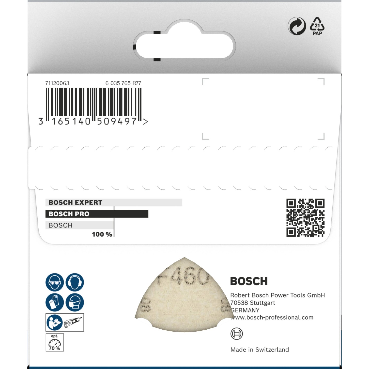 Sada 10 brusných listů Bosch Pro pro delta brusky. Trojúhelníkové brusivo na bílém obalu. Sada 10 brusných listů Bosch Pro pro delta brusky. Trojúhelníkové brusivo na bílém obalu.