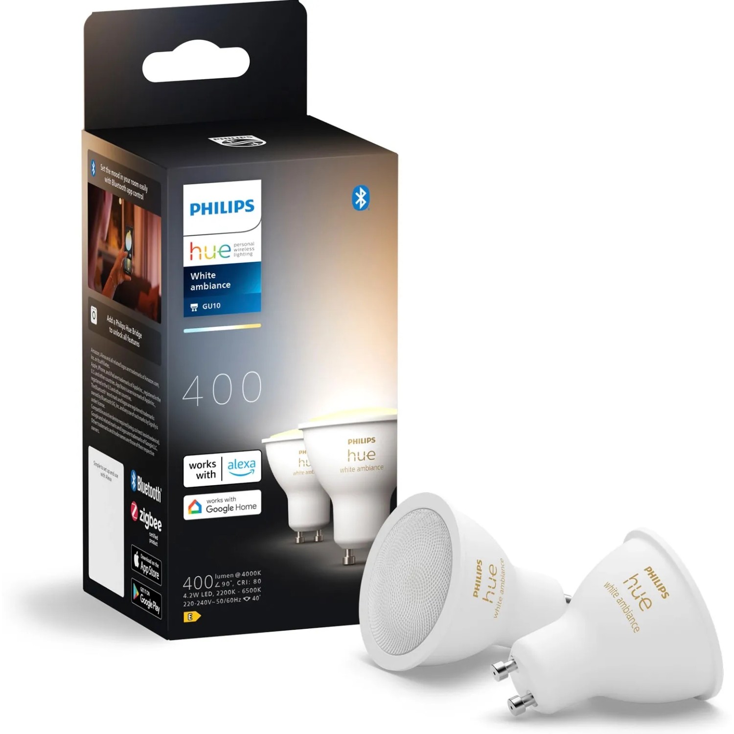 Philips Hue Smart žárovka White Ambiance GU10 4,2W 2200-6500K 400lm, 2 ks Philips Hue Smart žárovka White Ambiance GU10 4,2W 2200-6500K 400lm, 2 ks