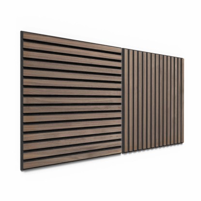 Dva akustické panely vzhledu ořechu s černou akustickou plstí, 60x60 cm, pro obklad stěn. Dva akustické panely vzhledu ořechu s černou akustickou plstí, 60x60 cm, pro obklad stěn.