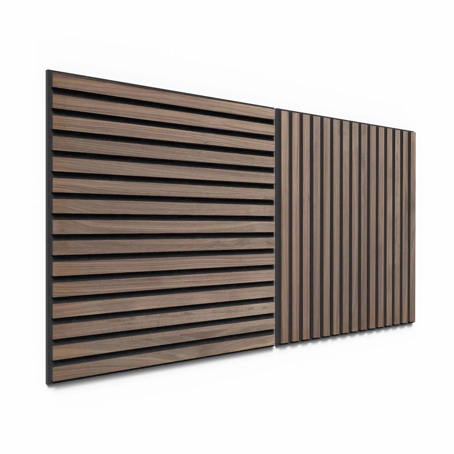 Dva akustické panely vzhledu ořechu s černou akustickou plstí, 60x60 cm, pro obklad stěn. Dva akustické panely vzhledu ořechu s černou akustickou plstí, 60x60 cm, pro obklad stěn.