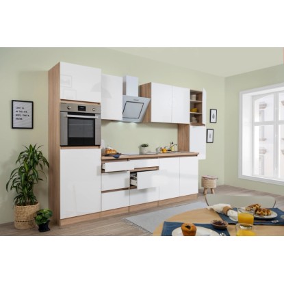 Kuchyňská linka Respekta GLRP320HESW, 320 cm, bílý lesk/dub Sonoma, s elektrospotřebiči. Kuchyňská linka Respekta GLRP320HESW, 320 cm, bílý lesk/dub Sonoma, s elektrospotřebiči.