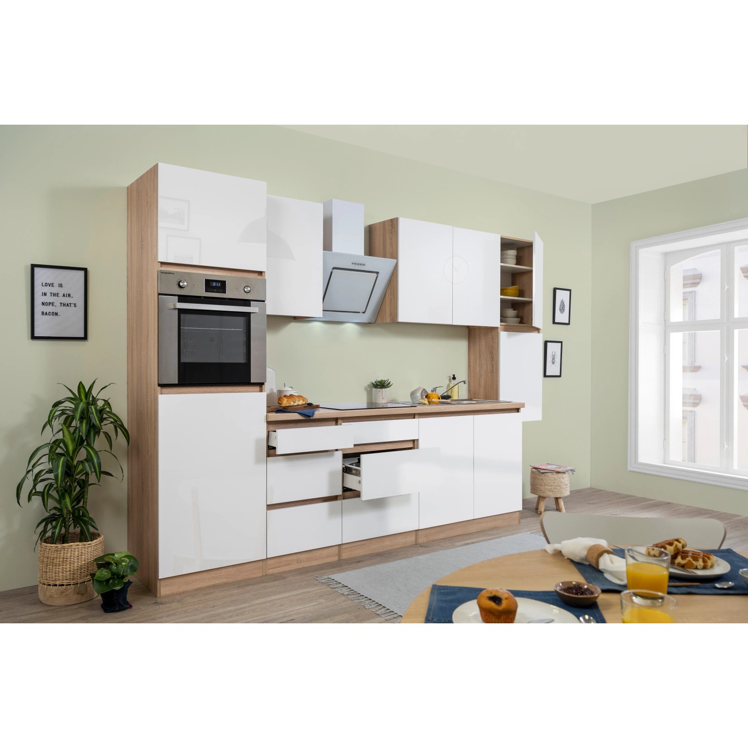 Kuchyňská linka Respekta GLRP320HESW, 320 cm, bílý lesk/dub Sonoma, s elektrospotřebiči. Kuchyňská linka Respekta GLRP320HESW, 320 cm, bílý lesk/dub Sonoma, s elektrospotřebiči.