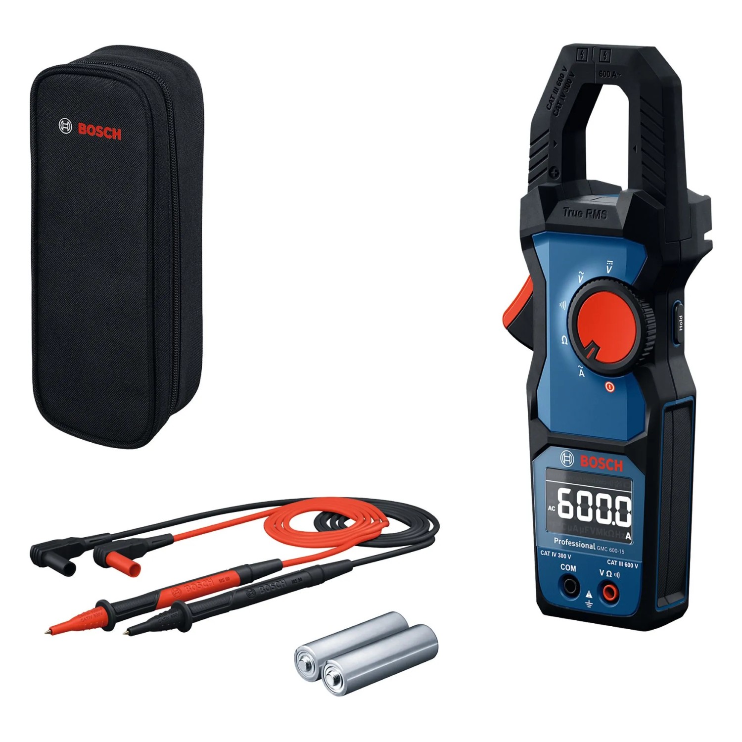 Klepšťový měřič Bosch Professional GMC 600-15 s příslušenstvím, jako jsou měřicí kabely a baterie. Klepšťový měřič Bosch Professional GMC 600-15 s příslušenstvím, jako jsou měřicí kabely a baterie.