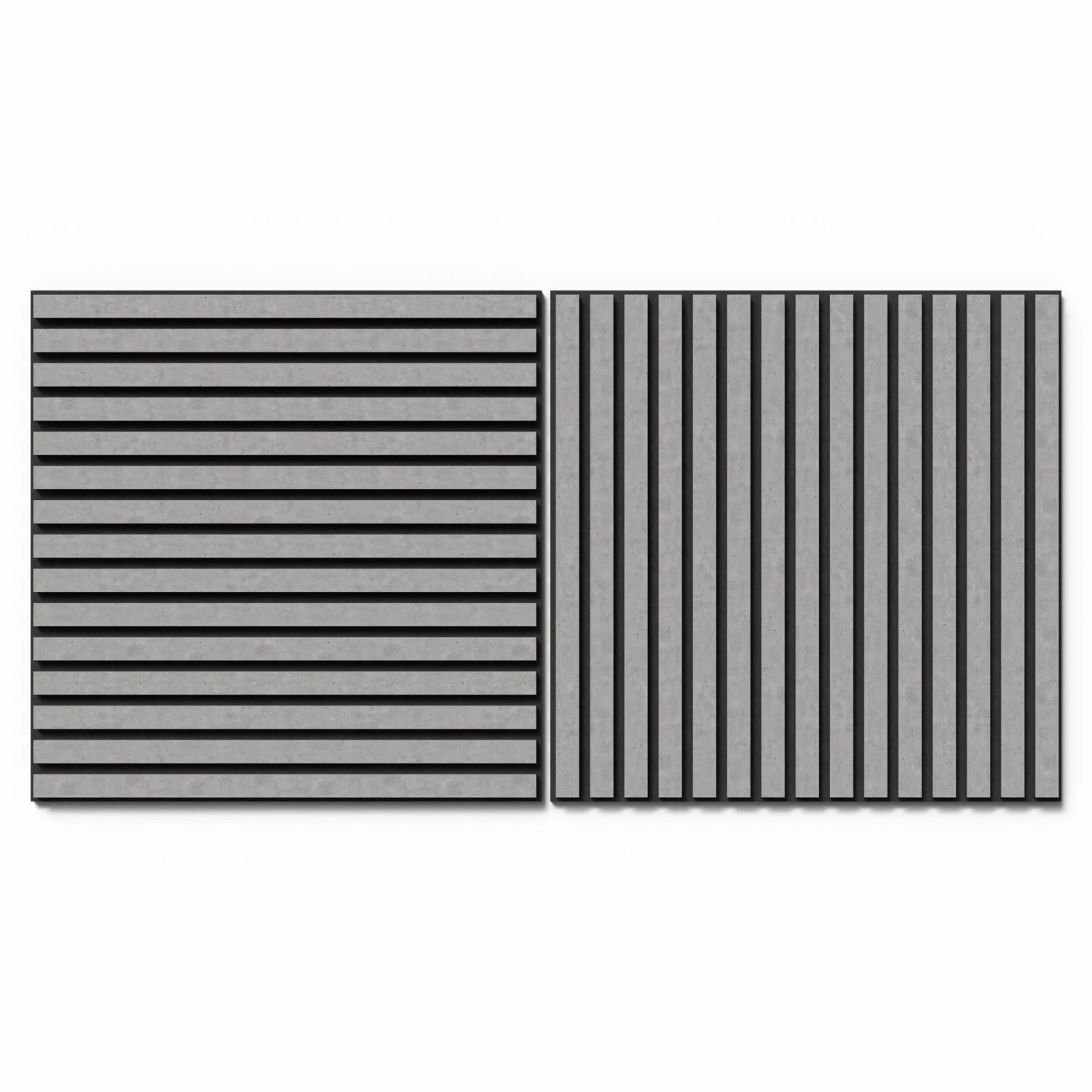 Akustické panely DenPanels, 60x60 cm, betonově šedé, s horizontálními a vertikálními lamelami. Akustické panely DenPanels, 60x60 cm, betonově šedé, s horizontálními a vertikálními lamelami.