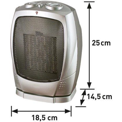 Stříbrný keramický topný ventilátor Tonder s oscilací a rozměry. Stříbrný keramický topný ventilátor Tonder s oscilací a rozměry.