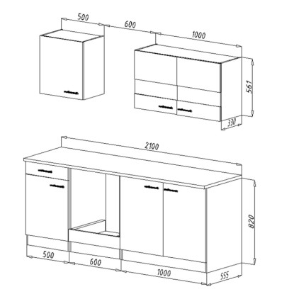 Nákres kuchyňské linky Respekta KB210ESW, 210 cm, v provedení bílá-dub Sägerau s rozměry. Nákres kuchyňské linky Respekta KB210ESW, 210 cm, v provedení bílá-dub Sägerau s rozměry.