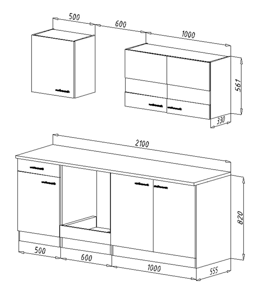 Nákres kuchyňské linky Respekta KB210ESW, 210 cm, v provedení bílá-dub Sägerau s rozměry. Nákres kuchyňské linky Respekta KB210ESW, 210 cm, v provedení bílá-dub Sägerau s rozměry.