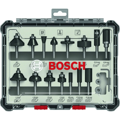 Bosch Smíšená sada tvarových fréz s vřetenem o pr. 6 mm, 15 ks Bosch Smíšená sada tvarových fréz s vřetenem o pr. 6 mm, 15 ks