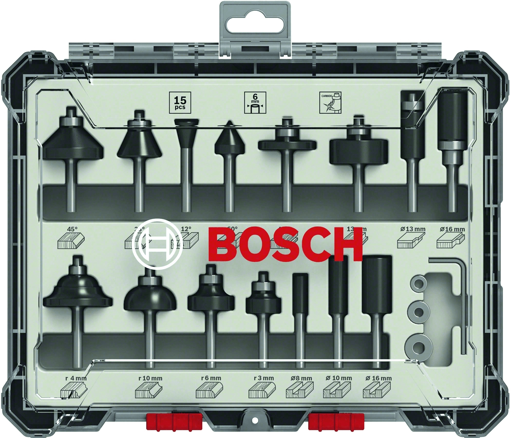 Bosch Smíšená sada tvarových fréz s vřetenem o pr. 6 mm, 15 ks Bosch Smíšená sada tvarových fréz s vřetenem o pr. 6 mm, 15 ks