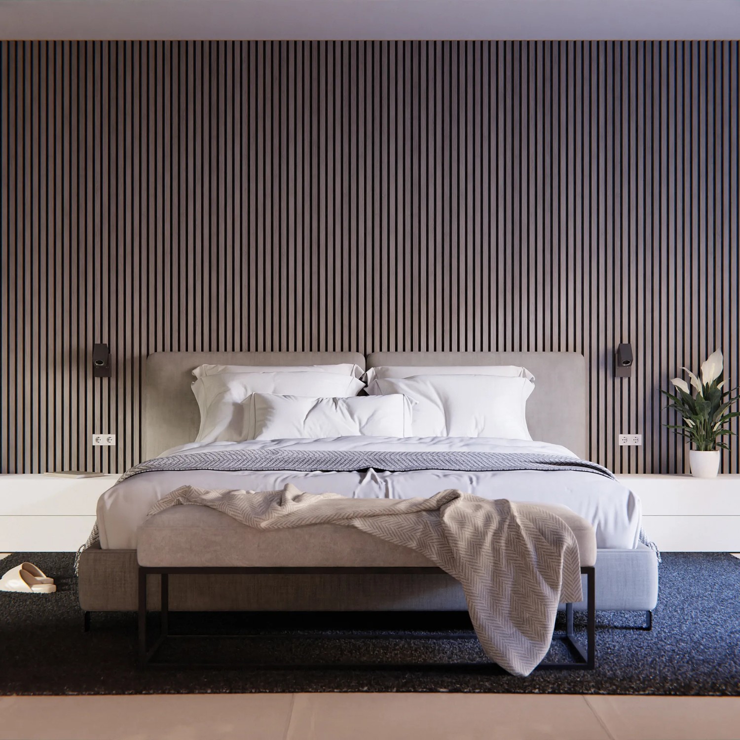Ložnice s akustickými panely na stěnu dub šedý na černé plsti, 240 cm, s certifikací FSC®. Ložnice s akustickými panely na stěnu dub šedý na černé plsti, 240 cm, s certifikací FSC®.