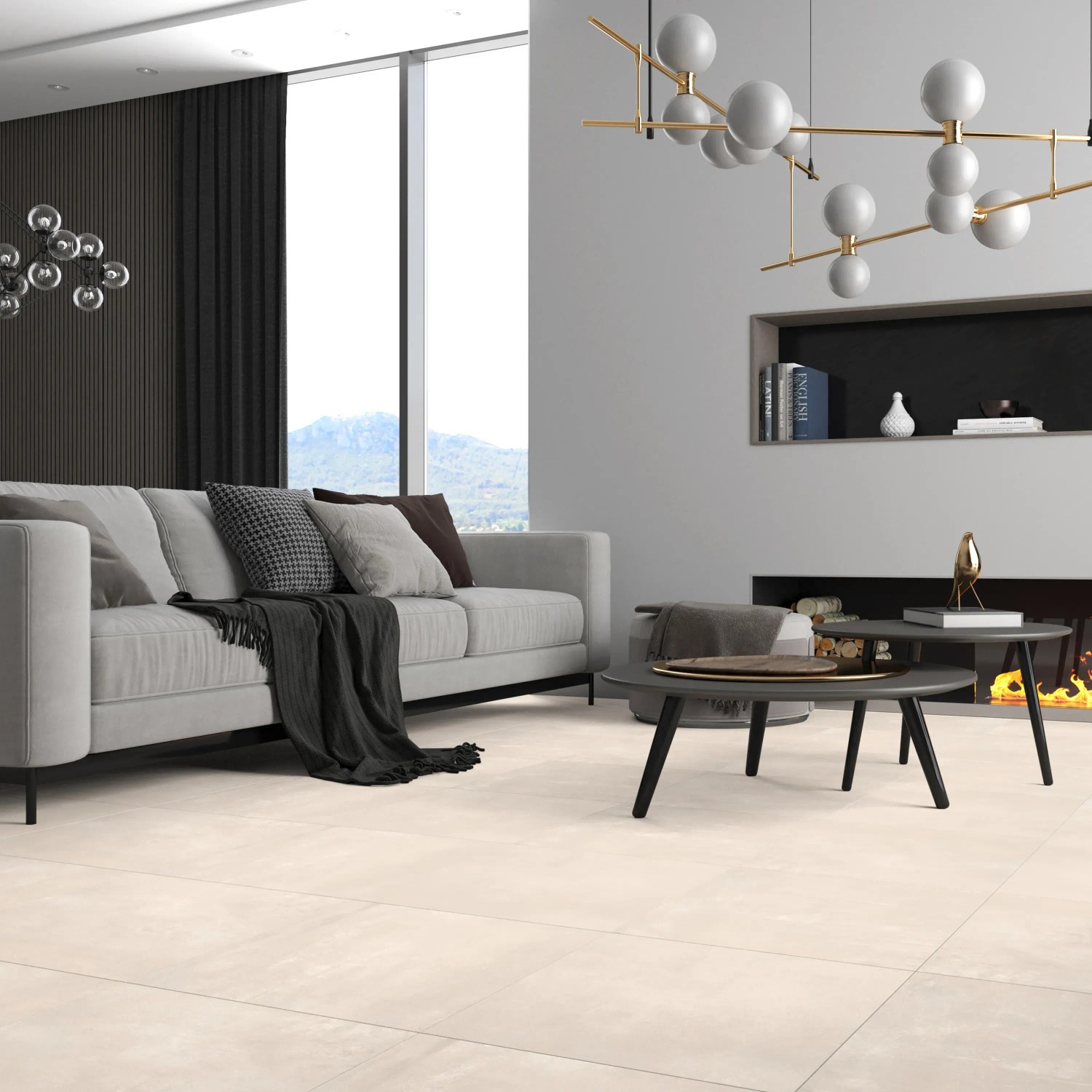 Světlý obývací pokoj s dlažbou Denver z porcelánové kameniny v bílé, matné a rektifikované barvě, rozměr 30x60 cm. Světlý obývací pokoj s dlažbou Denver z porcelánové kameniny v bílé, matné a rektifikované barvě, rozměr 30x60 cm.