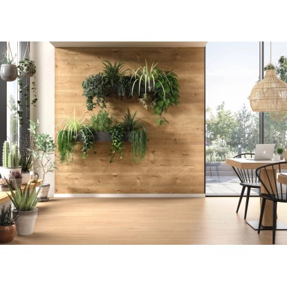 Nástěnné panely Egger Decowall dub Loveland v obývacím pokoji se stěnou z rostlin. Nástěnné panely Egger Decowall dub Loveland v obývacím pokoji se stěnou z rostlin.