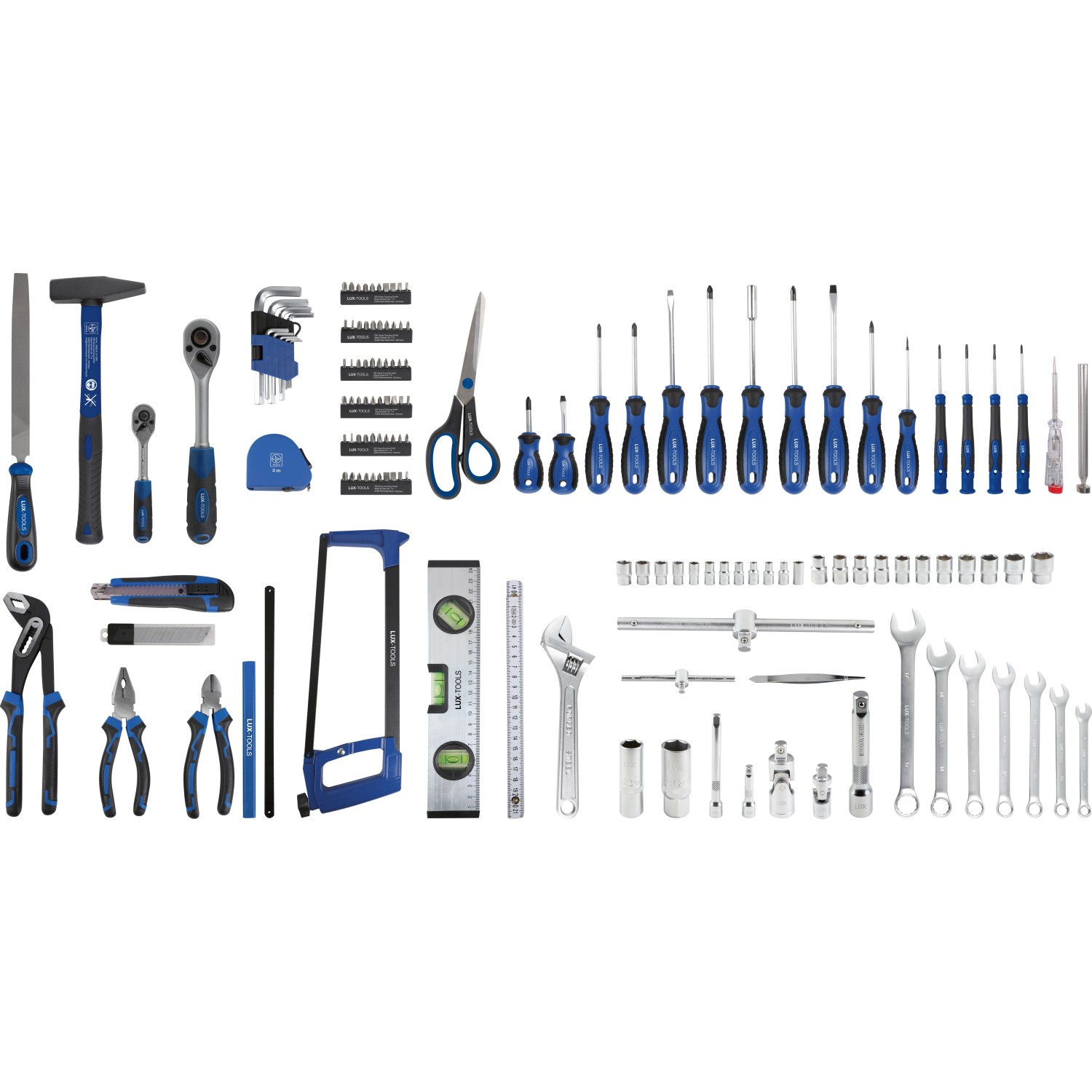 Sada nářadí LUX-TOOLS 155 ks z chrom-vanadiové oceli s ráčnami, šroubováky, kleštěmi, kladivem. Sada nářadí LUX-TOOLS 155 ks z chrom-vanadiové oceli s ráčnami, šroubováky, kleštěmi, kladivem.