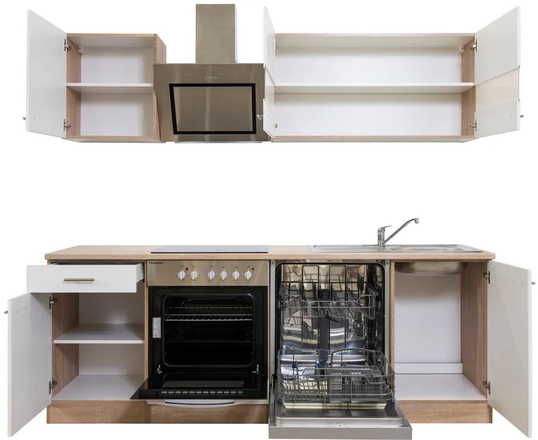 Respekta Economy Kuchyňská linka KB220ESWSC, 220 cm, bílá/dub Sägerau, se spotřebiči a myčkou. Respekta Economy Kuchyňská linka KB220ESWSC, 220 cm, bílá/dub Sägerau, se spotřebiči a myčkou.