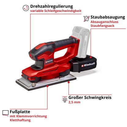 Akumulátorová vibrační bruska Einhell TE-OS 18/230 Li Solo: Červená bruska s prachovým sáčkem a baterií. Akumulátorová vibrační bruska Einhell TE-OS 18/230 Li Solo: Červená bruska s prachovým sáčkem a baterií.