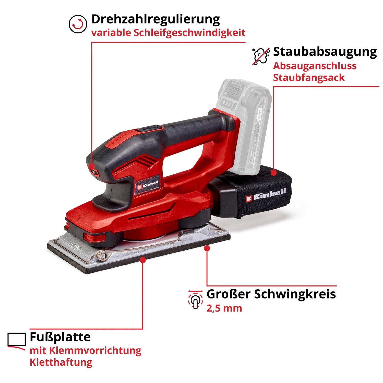 Akumulátorová vibrační bruska Einhell TE-OS 18/230 Li Solo: Červená bruska s prachovým sáčkem a baterií. Akumulátorová vibrační bruska Einhell TE-OS 18/230 Li Solo: Červená bruska s prachovým sáčkem a baterií.