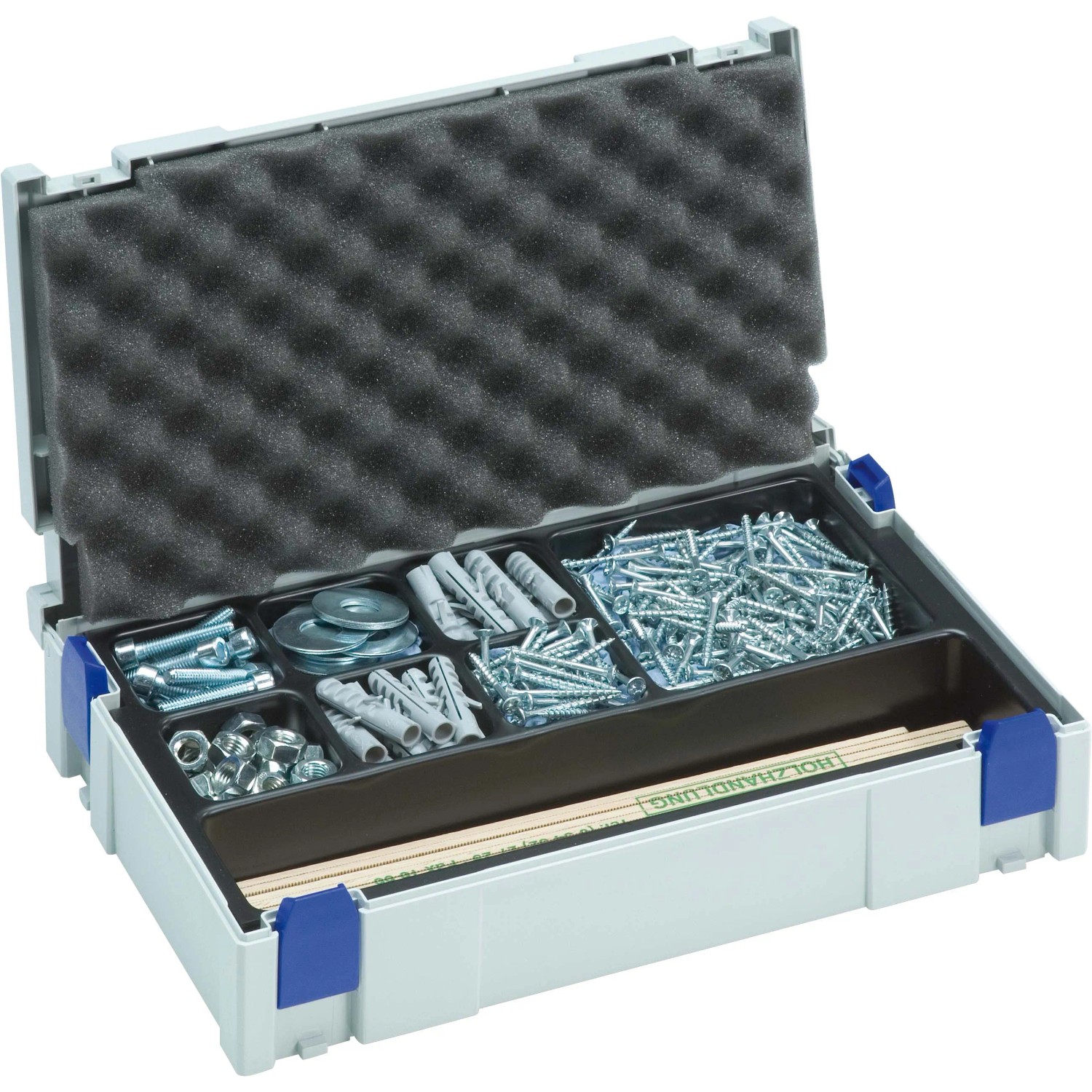 Otevřený kufřík na nářadí Mini-Systainer® od LUX-TOOLS se šrouby, hmoždinkami a drobnými díly. Otevřený kufřík na nářadí Mini-Systainer® od LUX-TOOLS se šrouby, hmoždinkami a drobnými díly.