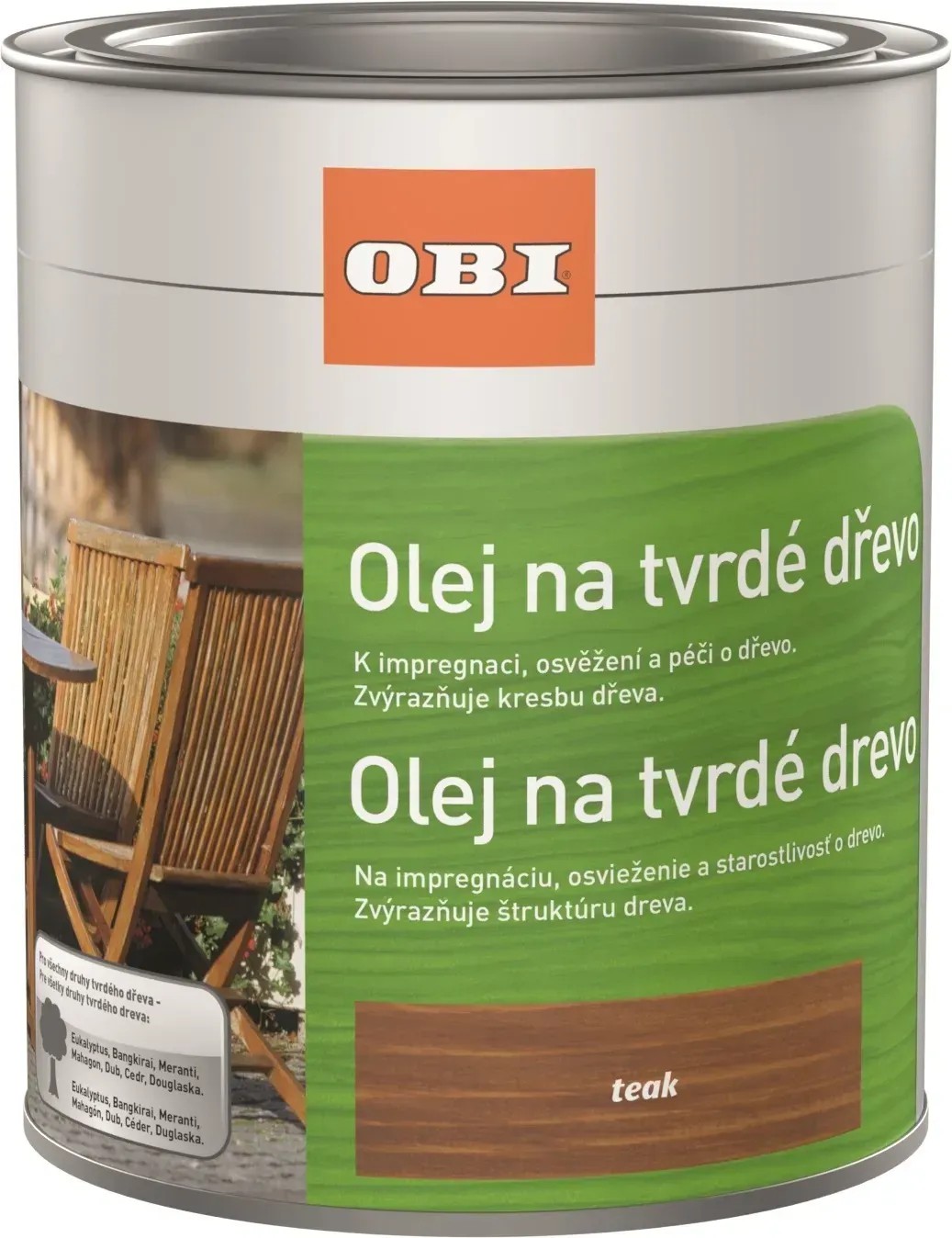 OBI Teakový olej 750 ml plechovka pro péči o dřevo a impregnaci v exteriéru. OBI Teakový olej 750 ml plechovka pro péči o dřevo a impregnaci v exteriéru.
