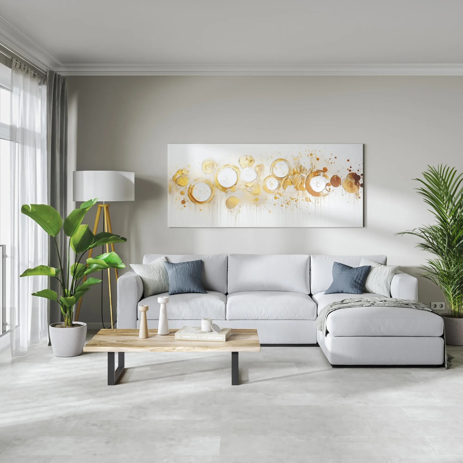 Položená šedá kameninová dlažba Zcement pearl, 60x30 cm, v moderním obývacím pokoji. Položená šedá kameninová dlažba Zcement pearl, 60x30 cm, v moderním obývacím pokoji.