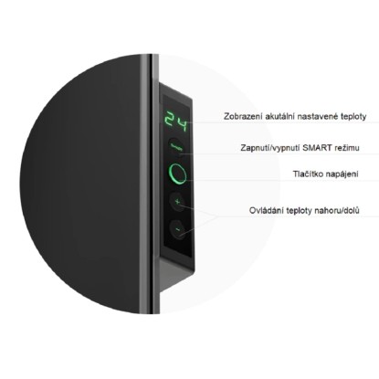 Detailní pohled na černý elektrický ohřívač s digitálním ukazatelem teploty a ovládacím panelem. Detailní pohled na černý elektrický ohřívač s digitálním ukazatelem teploty a ovládacím panelem.