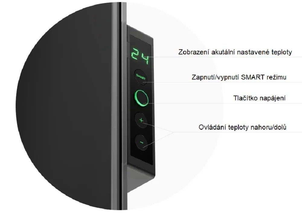 Detailní pohled na černý elektrický ohřívač s digitálním ukazatelem teploty a ovládacím panelem. Detailní pohled na černý elektrický ohřívač s digitálním ukazatelem teploty a ovládacím panelem.