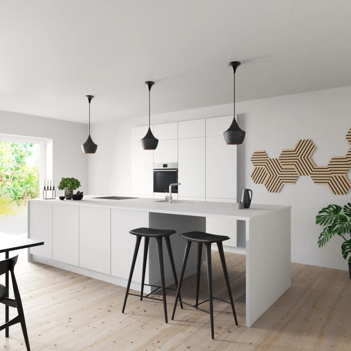 Moderní kuchyně s designovými panely Denpanels Hexagon dub v černé barvě jako dekorace na zeď. Moderní kuchyně s designovými panely Denpanels Hexagon dub v černé barvě jako dekorace na zeď.