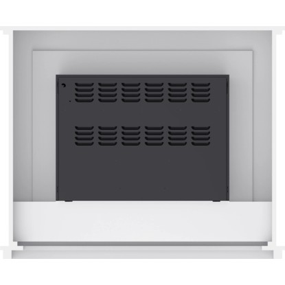 Zadní strana elektrického krbu Moorhampton Fire. Černý panel s ventilačními štěrbinami v bílém krytu pro topný výkon. Zadní strana elektrického krbu Moorhampton Fire. Černý panel s ventilačními štěrbinami v bílém krytu pro topný výkon.