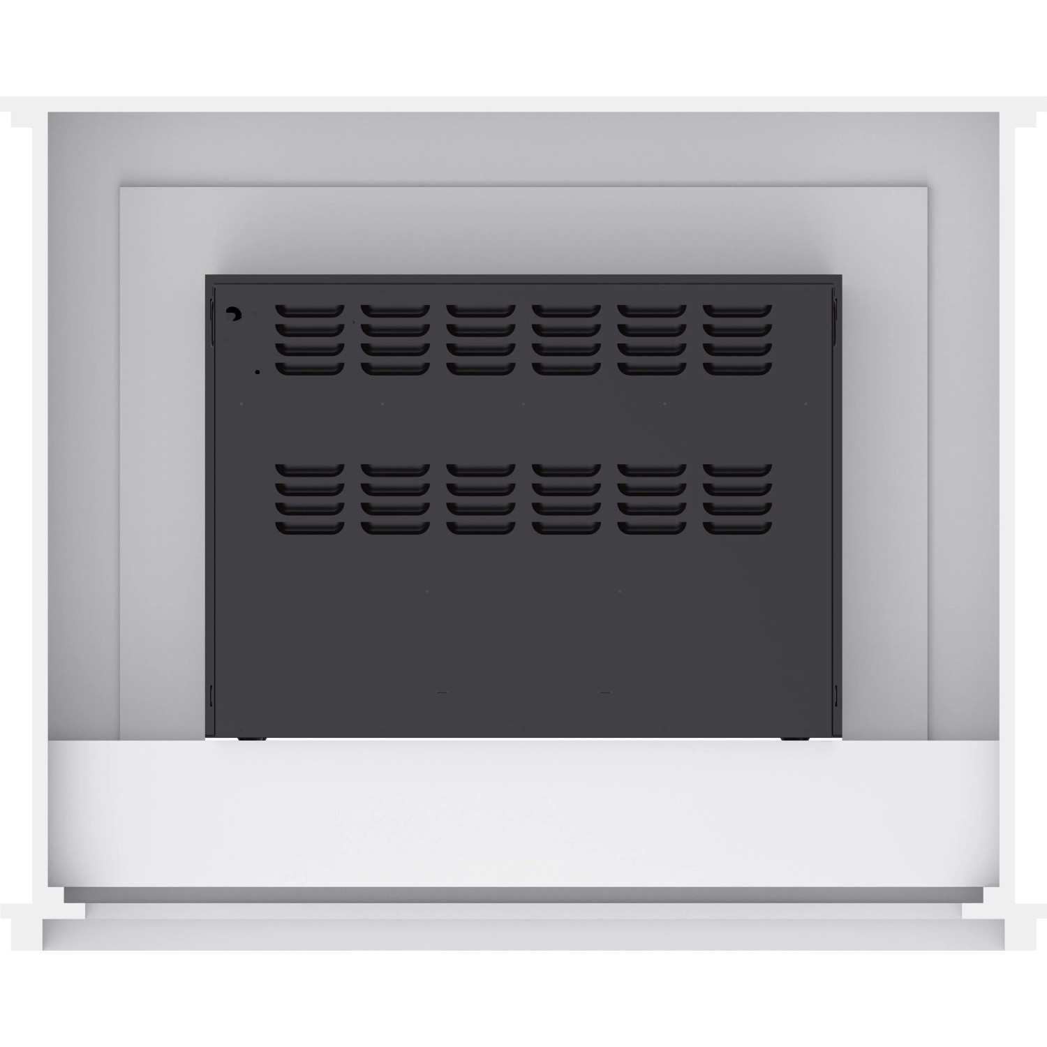 Zadní strana elektrického krbu Moorhampton Fire. Černý panel s ventilačními štěrbinami v bílém krytu pro topný výkon. Zadní strana elektrického krbu Moorhampton Fire. Černý panel s ventilačními štěrbinami v bílém krytu pro topný výkon.