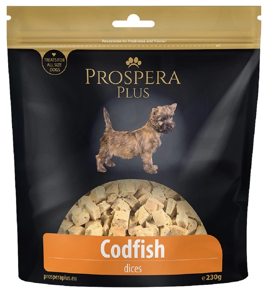 Prospera Plus Pochoutka pro psy tresčí kostky, 230 g Prospera Plus Pochoutka pro psy tresčí kostky, 230 g