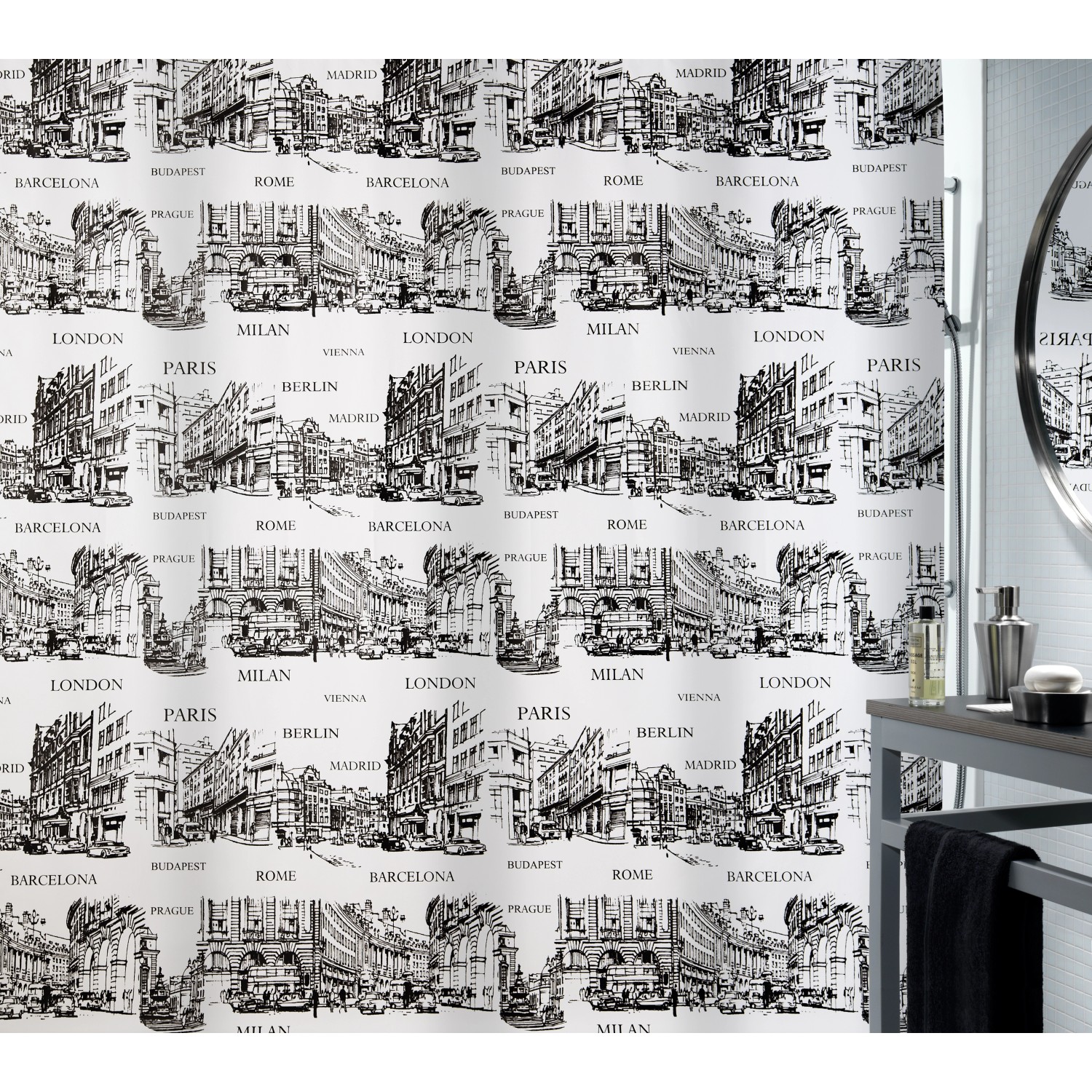 Spirella Sprchový závěs textil Places černý 180 cm x 200 cm Spirella Sprchový závěs textil Places černý 180 cm x 200 cm