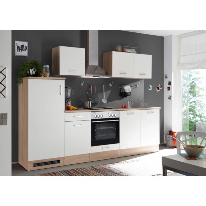 Kuchyňská linka Respekta KB270ENWP, 270 cm, bílá/vzhled dubu, lesklá. Vestavěná kuchyně se spotřebiči. Kuchyňská linka Respekta KB270ENWP, 270 cm, bílá/vzhled dubu, lesklá. Vestavěná kuchyně se spotřebiči.
