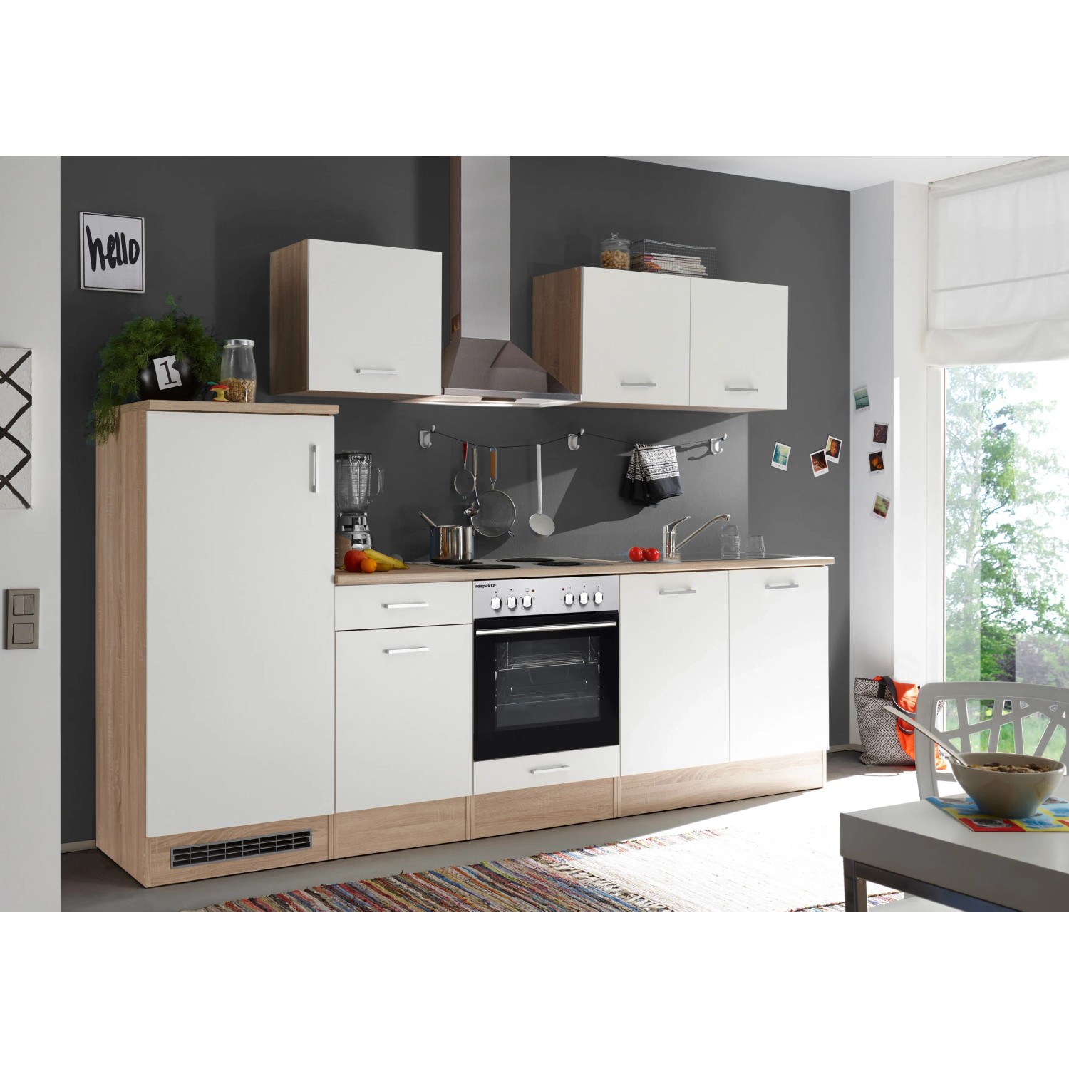 Kuchyňská linka Respekta KB270ENWP, 270 cm, bílá/vzhled dubu, lesklá. Vestavěná kuchyně se spotřebiči. Kuchyňská linka Respekta KB270ENWP, 270 cm, bílá/vzhled dubu, lesklá. Vestavěná kuchyně se spotřebiči.