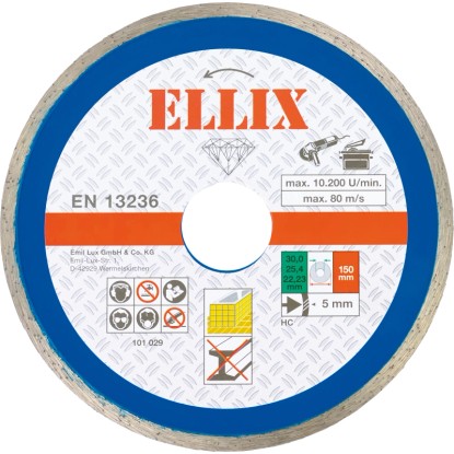 Ellix Diamantový řezný kotouč na dlaždice s celistvým okrajem průměr 150 mm Ellix Diamantový řezný kotouč na dlaždice s celistvým okrajem průměr 150 mm