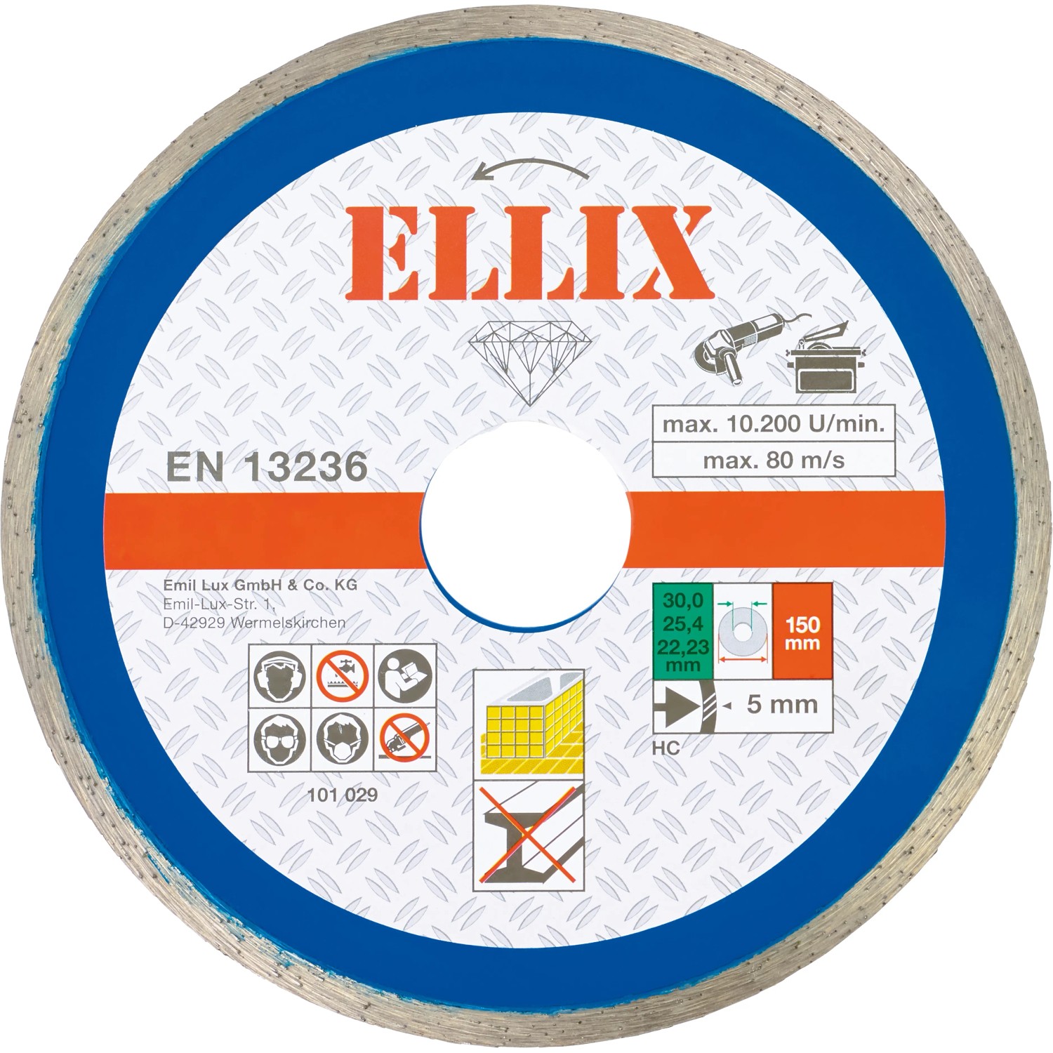 Ellix Diamantový řezný kotouč na dlaždice s celistvým okrajem průměr 150 mm Ellix Diamantový řezný kotouč na dlaždice s celistvým okrajem průměr 150 mm