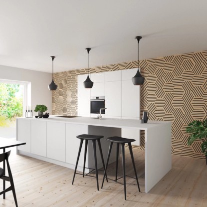 Designové panely Denpanels Hexagon Dub Černý, 3 kusy, jako obklad stěn v moderní kuchyni. Designové panely Denpanels Hexagon Dub Černý, 3 kusy, jako obklad stěn v moderní kuchyni.