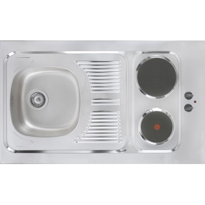Detailní záběr dřezu/varné desky mini kuchyně Respekta KB160ESGMI s mikrovlnnou troubou. Detailní záběr dřezu/varné desky mini kuchyně Respekta KB160ESGMI s mikrovlnnou troubou.