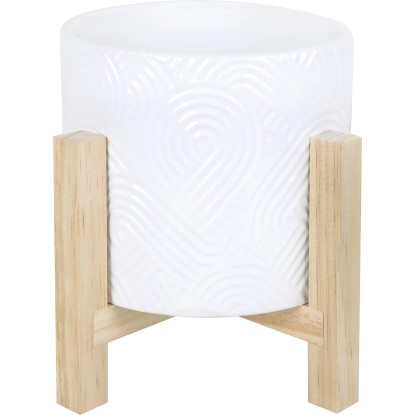 Keramický květináč s dřevěným podstavcem, bílá, pr. 16 x 18 cm Keramický květináč s dřevěným podstavcem, bílá, pr. 16 x 18 cm